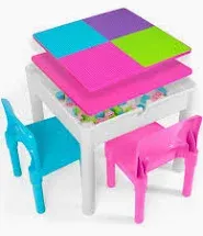 Photo 1 of Play Platoon Kids Table and Chairs Set, Toddler 5 in 1 Activity Table - Sensory, Water, Art, Picnic, Blocks with Storage for Girls Ages 2 to 8