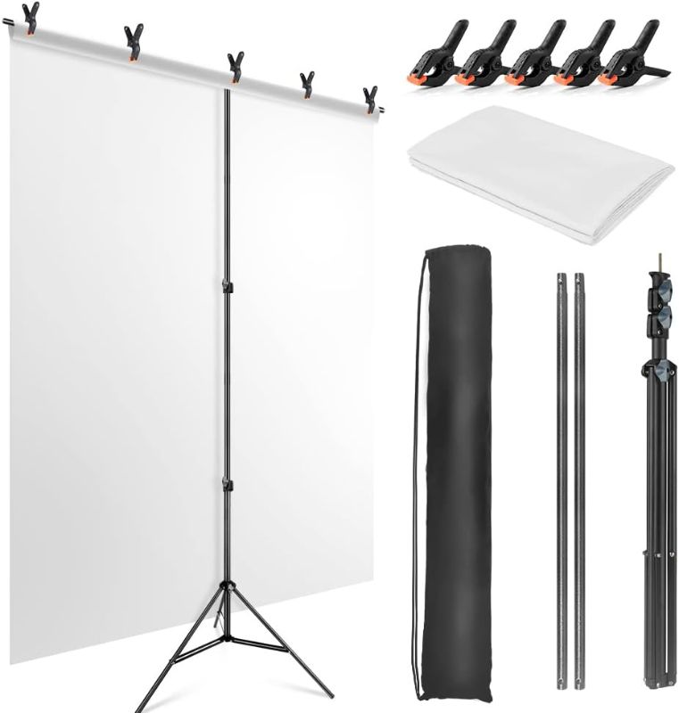 Photo 1 of **MISSING PARTS**5X6.5ft White Screen Backdrop with Stand Kit, White Screen with T-Shape Background Support Stand, Portable White Screen Stand Kit with Carrying Bag & 5 Spring Clamps for Video, Streaming