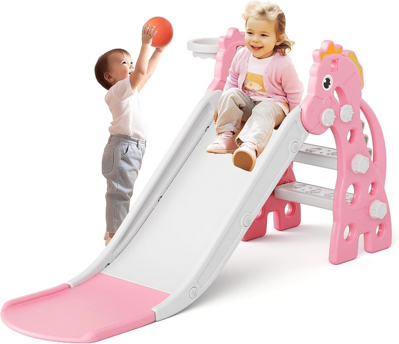 Photo 1 of 67i Toddler Slide Indoor Slide for Toddlers Age 1-3 Slide for Kids Indoor Slide Baby Slide Plastic Slide Play Slide with Basketball Hoop and Ball Foldable Slide Kids Indoor Outdoor Slide (Pink)