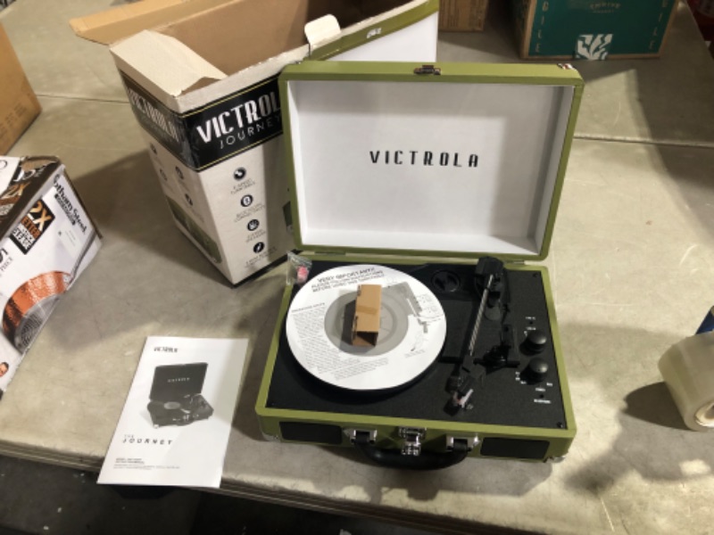 Photo 4 of Victrola Vintage 3-Speed Bluetooth Portable Suitcase Record Player with Built-in Speakers | Upgraded Turntable Audio Sound | Green Olive Green Olive Record Player