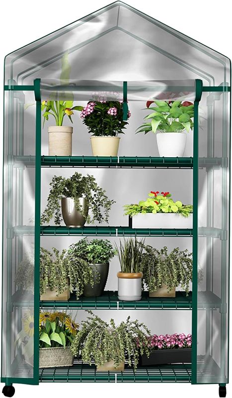 Photo 1 of 4 Tier Mini Greenhouse - Portable Greenhouse with Locking Wheels and PVC Cover for Indoor or Outdoor - 27 x 19 x 63-Inch Green House by Home-Complete
