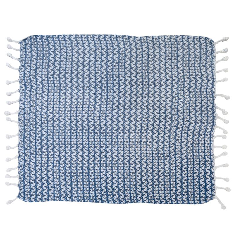 Photo 1 of 2 Pack Creative Co-Op Recycled Cotton Blend Printed Blanket with Braided Pom Tassels, Blue and Cream Throws, 60" L x 50" W x 0" H, Blue & Cream