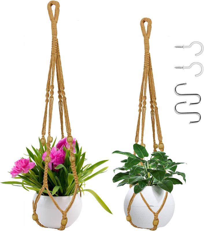 Photo 1 of **bundle of 2**LRIGYEH Macrame Plant Hanger Indoor Outdoor Hanging Planters Set Flower Pots Holder Stand, Plant Basket Boho Home Decor (Type-A Brown, 2) Type-a Brown 2