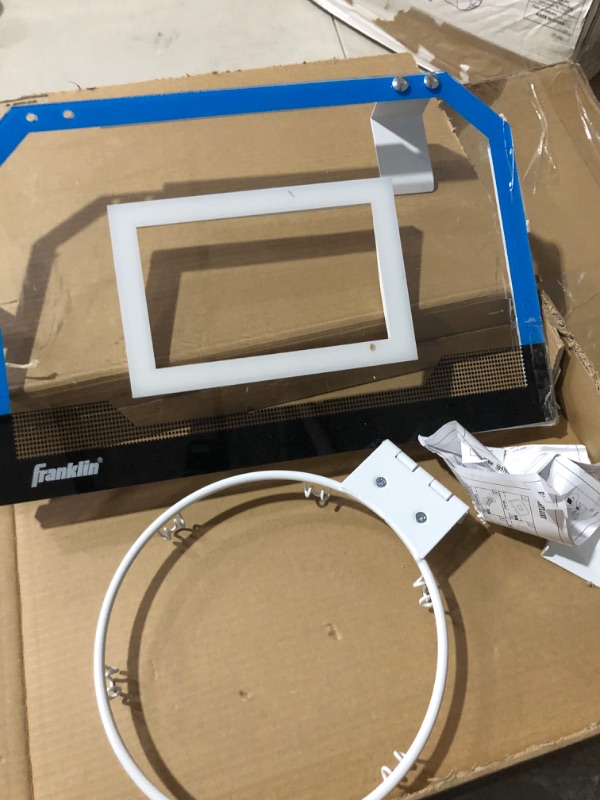 Photo 2 of **MISSING NET, HARDWARE, BALL**
Franklin Sports Over the Door Indoor Mini-Basketball Hoop for Kids with Ball and Pump - Breakaway Pro Style Steel Rim – Shatter Resistant Backboard Pro Hoops