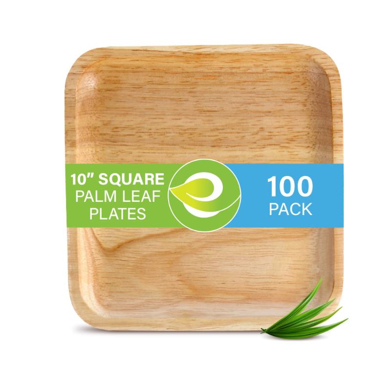 Photo 1 of  Compostable Palm Leaf Plates Like Bamboo Plates Disposable - 10 Inch Square 25 Party Plates, Natural Wooden, Eco-Friendly, Fancy Biodegradable & Disposable Wedding Picnic Plates