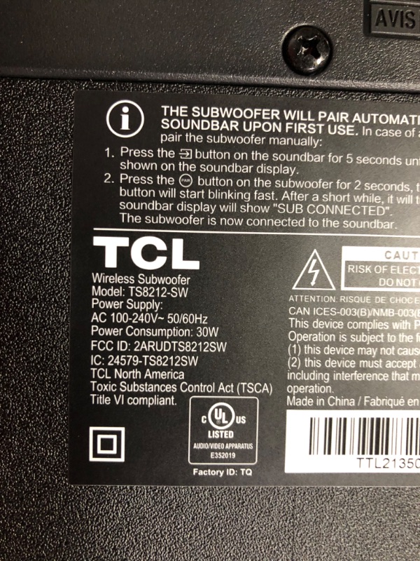 Photo 9 of ***USED - NO PACKAGING - SEE COMMENTS***
TCL 4K Alto 8 Plus 2.1.2 Channel Dolby Atmos Sound Bar with Wireless Subwoofer, Bluetooth – TS8212-NA, 39-inch, Black