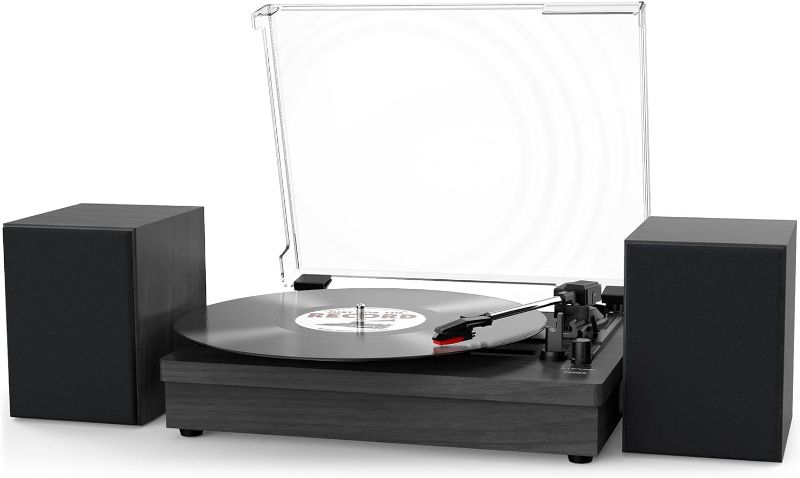 Photo 1 of Record Player with Dual Stereo Speakers, Vinyl Record Player with 3 Speed Support Wireless Connection RCA Output Aux in USB Vintage Design Turntable Black Black - Come with 2 Speakers