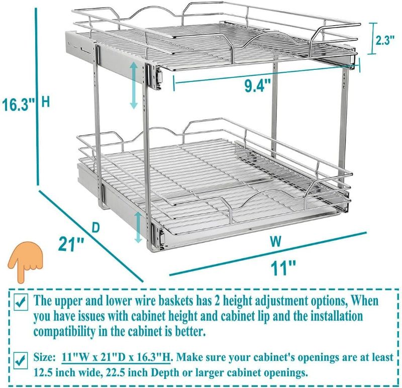 Photo 4 of (NON-REFUNDABLE) Pull Out Cabinet Organizer (11"W x 21"D), Pull out Drawers for Kitchen Cabinets, Pull Out Shelves - Chrome Finish