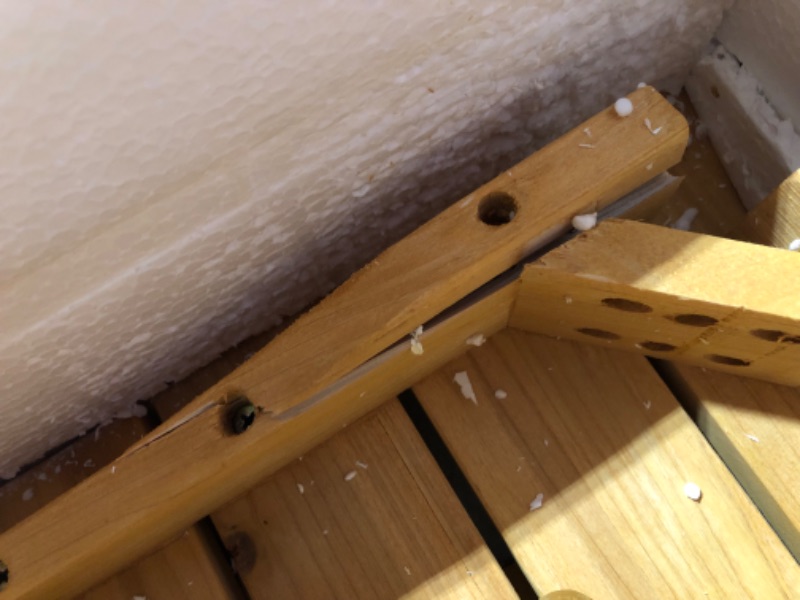 Photo 1 of ***MAJOR DAMAGE - SEE PICTURES - LIKELY MISSING PARTS***
KidKraft Outdoor Wooden Table & Bench Set with Cushions and Umbrella, Kids Backyard Furniture, Navy and White Stripe Fabric, Table and Chair Set