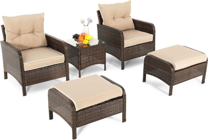 Photo 1 of **box two of four** YITAHOME 5 Piece Wicker Patio Furniture Set, Patio Set Porch Furniture Outdoor Lounge Chair with Ottoman and Side Table, Brown
