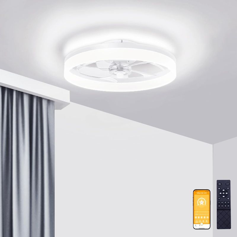 Photo 1 of [READ NOTES]
VOLISUN Low Profile Ceiling Fans with Lights and Remote, 19.7in Fandelier Ceiling Fan Flush Mount, 3000K-6500K Smart Bladeless LED Fan Light, White
