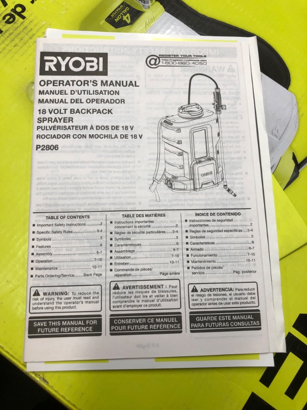 Photo 1 of ***USED AND DIRTY - MISSING SPRAYER GUN - SEE PICTURES - UNABLE TO TEST***
RYOBI ONE+ 18V Cordless Battery 4 Gal. Backpack Chemical Sprayer with 2.0 Ah Battery and Charger, P2860