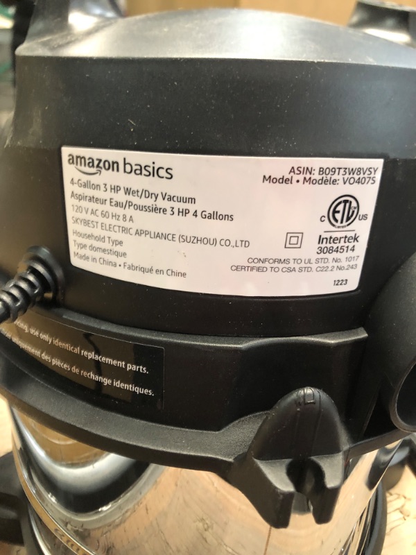 Photo 2 of ****READ NOTES****
Amazon Basics 6-Gallon 3.5 HP Stainless Steel Wet/Dry Vacuum Vacuum 6 Gallon, 3.5 HP