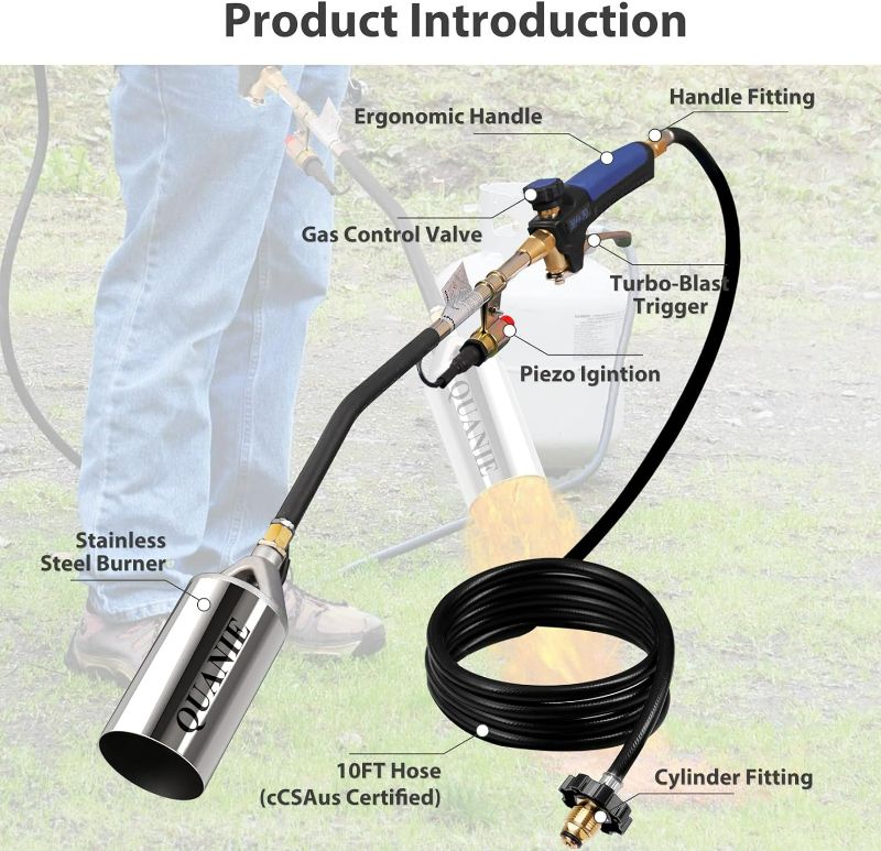 Photo 3 of (NON-REFUNDABLE) Propane Torch Burner Weed Torch High Output 1,200,000 BTU with 10FT Hose,Heavy Duty Blow Torch with Flame Control and Turbo Trigger Push Button Igniter,Flamethrower for Garden Wood Ice Snow Road (Blue
