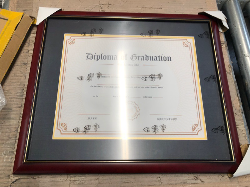 Photo 2 of GraduatePro 11x14 Diploma Frame with Black over Gold Mat or Display 15x18 Certificate without Mat, Solid Wood & UV Protection Acrylic, Cherry Finish with Gold Trim 15x18 or 11x14 Black Gold Mat