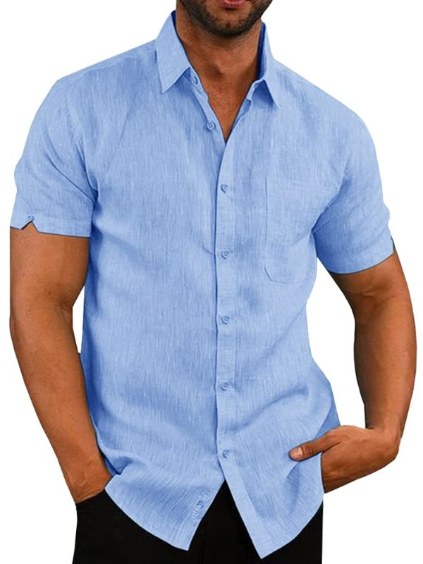 Photo 1 of Pengfei Mens Short Sleeve Shirts Linen Cotton Button Down Tees Spread Collar Plain Shirts A-Grey X-Large Sky Blue