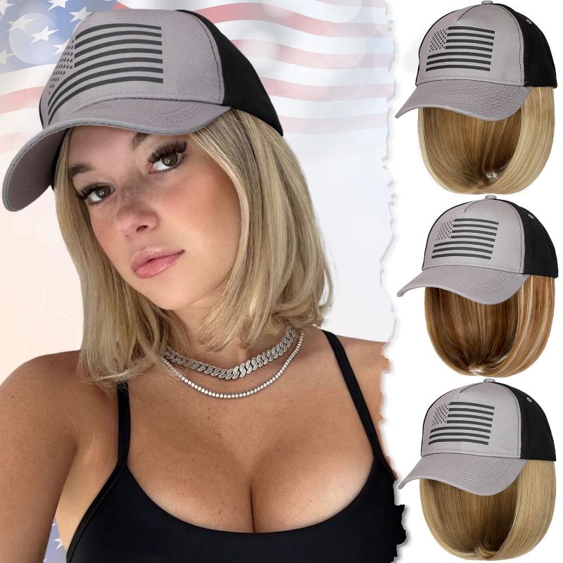 Photo 1 of Qlenkay American Flag Hat Wig USA Flag Adjustable Baseball Cap Attached with 14" Hair Extensions Straight Bob Synthetic Hairpiece for Women Ash Blonde Ash Blonde-14''