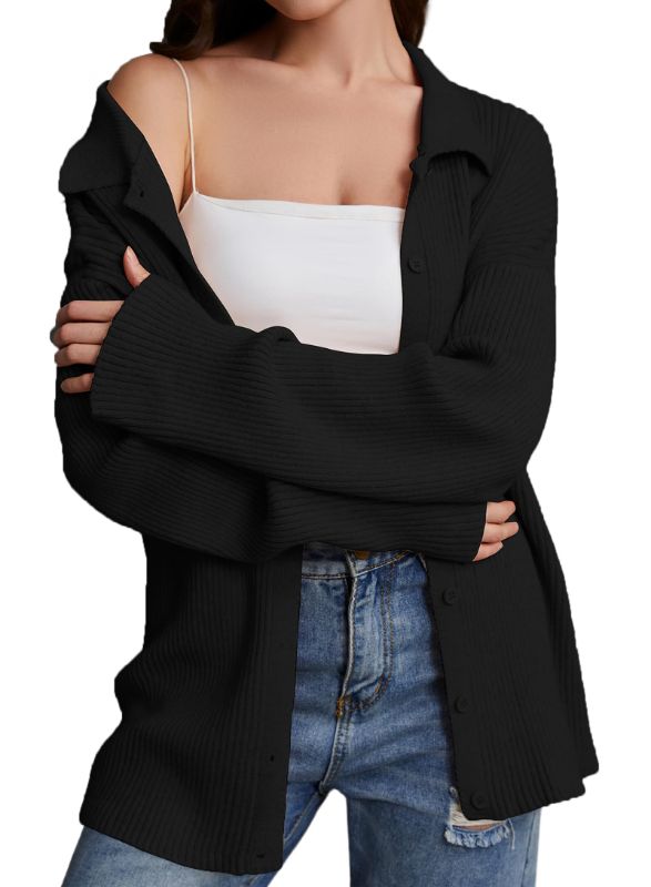 Photo 1 of RONGCAT Women's V Neck Button Down Collared Sweater Cardigan Long Sleeve Open Front Knitted (Black,M)