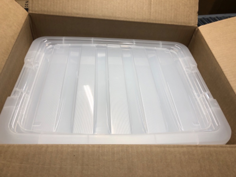 Photo 2 of ***DAMAGED, SOME LIDS CRACKED, SEE PICS***
IRIS USA 32 Qt. Plastic Storage Bin Tote Organizing Container with Durable Lid and Secure Latching Buckles, Stackable and Nestable, 6 Pack, Crystal Clear 32 Qt. - 6 Pack, Crystal Clear