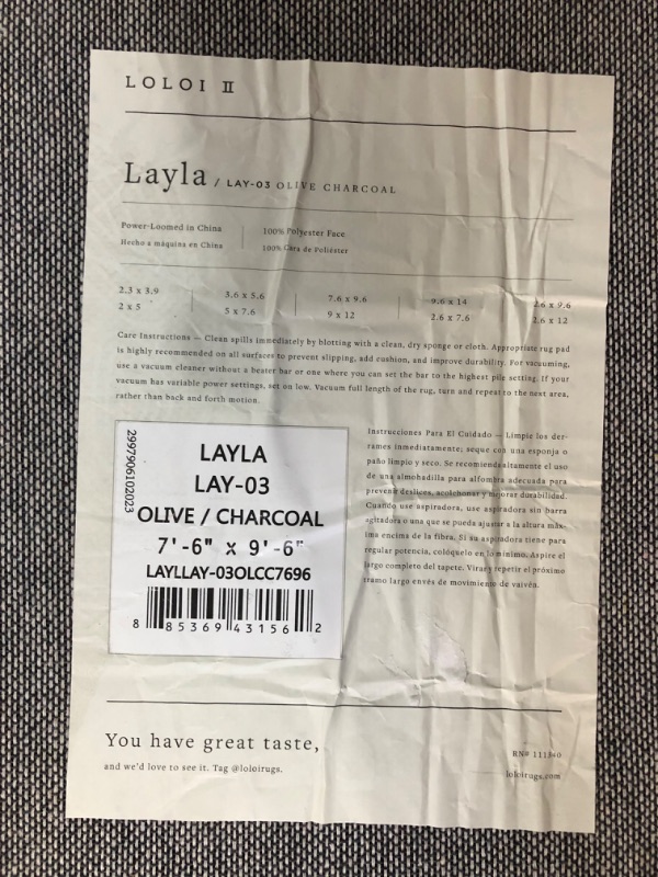 Photo 3 of ***USED - DIRTY - NO PACKAGING***
Loloi LAYLA Collection, LAY-03, Olive/Charcoal, 7'-6" x 9'-6", 13" Thick, Area Rug, Soft, Durable, Vintage Inspired, Distressed, Low Pile, Non-Shedding, Easy Clean, Printed, Living Room Rug Olive / Charcoal 7'-6" x 9'-6"