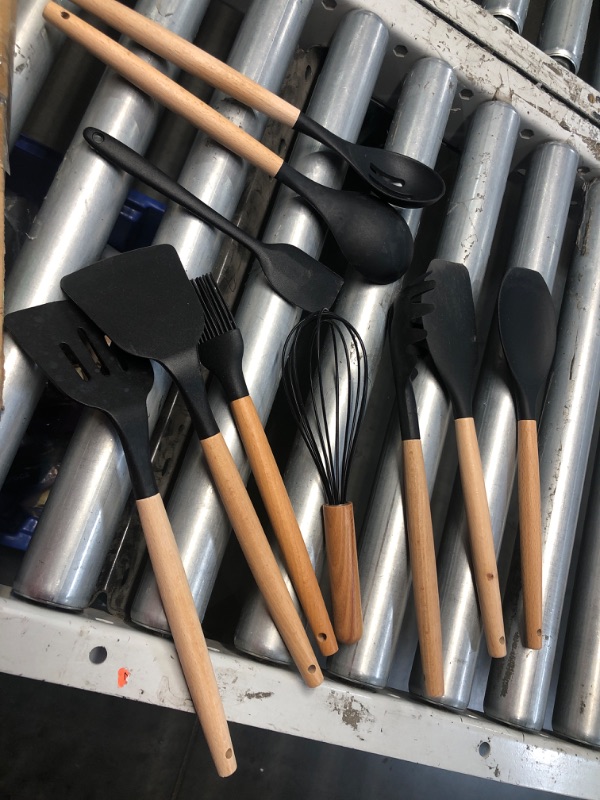 Photo 3 of **USED MISSING PIECES**Silicone Cooking Utensils Set - Silicone Kitchen Utensils for Cooking Wooden Handles, 446°F Heat Resistant Kitchen Utensil Spatula Sets w Holder, Gadgets for Non-Stick Cookware BPA FREE (Black)