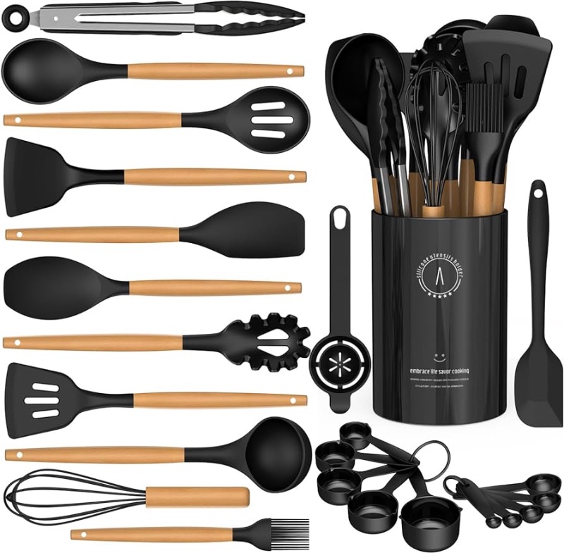 Photo 1 of **USED MISSING PIECES**Silicone Cooking Utensils Set - Silicone Kitchen Utensils for Cooking Wooden Handles, 446°F Heat Resistant Kitchen Utensil Spatula Sets w Holder, Gadgets for Non-Stick Cookware BPA FREE (Black)