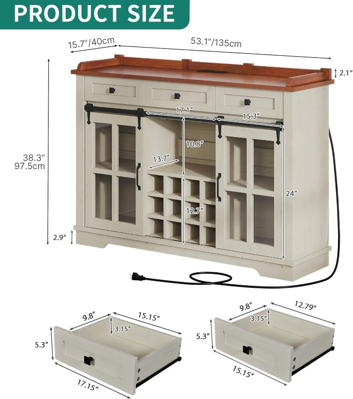 Photo 4 of **NON-REFUNDABLE** YITAHOME 53” Farmhouse Coffee Bar Cabinet Kitchen Sideboard Buffet Cabinet Storage with 3 Drawers Storage Cabinet and Glass Sliding Barn Door for Kitchen & Living Room, Antique White