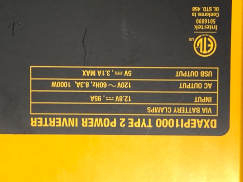 Photo 5 of ***USED - LIKELY MISSING PARTS - UNABLE TO VERIFY FUNCTIONALITY***
DEWALT DXAEPI1000 Power Inverter 1000W Car Converter with LCD Display: Dual 120V AC Outlets, 3.1A USB Ports, Battery Clamps