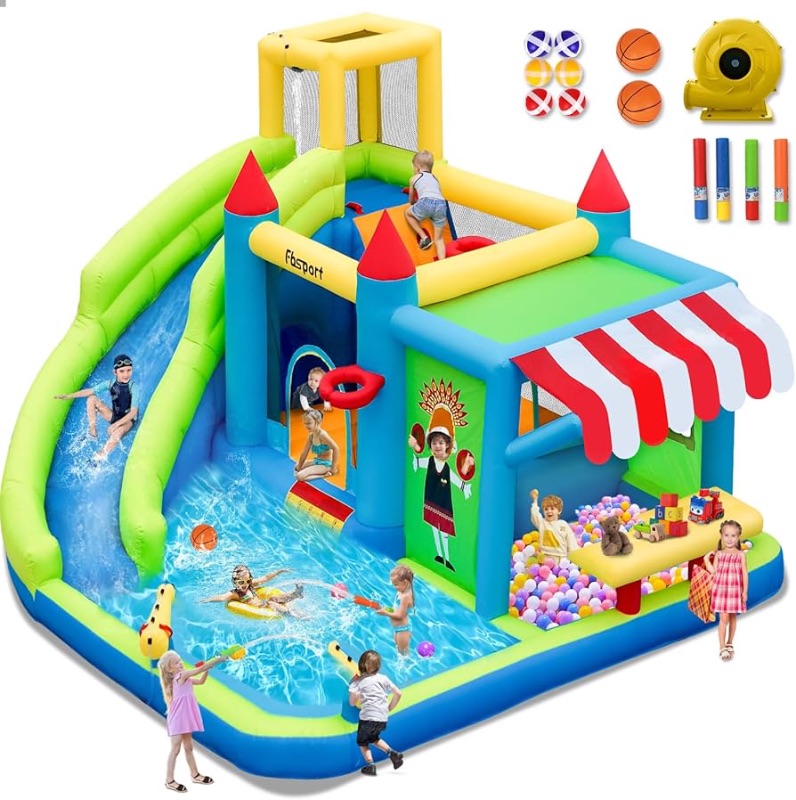 Photo 1 of (READ FULL POST) FBSPORT Inflatable Bounce House Water Slide, Bounce House for Kids with Toy Market Stand Splash Pool Bouncer Climbing Wall Water Gun Ball Dart, Bouncy Castle W/620W Blower for Outdoor Indoor, Green