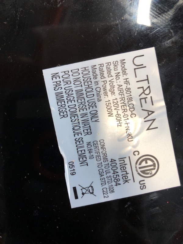 Photo 3 of ***NONREFUNDABLE - NOT FUNCTIONAL - FOR PARTS ONLY - SEE COMMENTS***
Ultrean Air Fryer, 4.2 Quart Electric Hot Airfryer Oven Oilless Cooker with LCD Digital Screen and Nonstick Frying Pot, UL Certified, 1-Year Warranty, 1500W (Black)