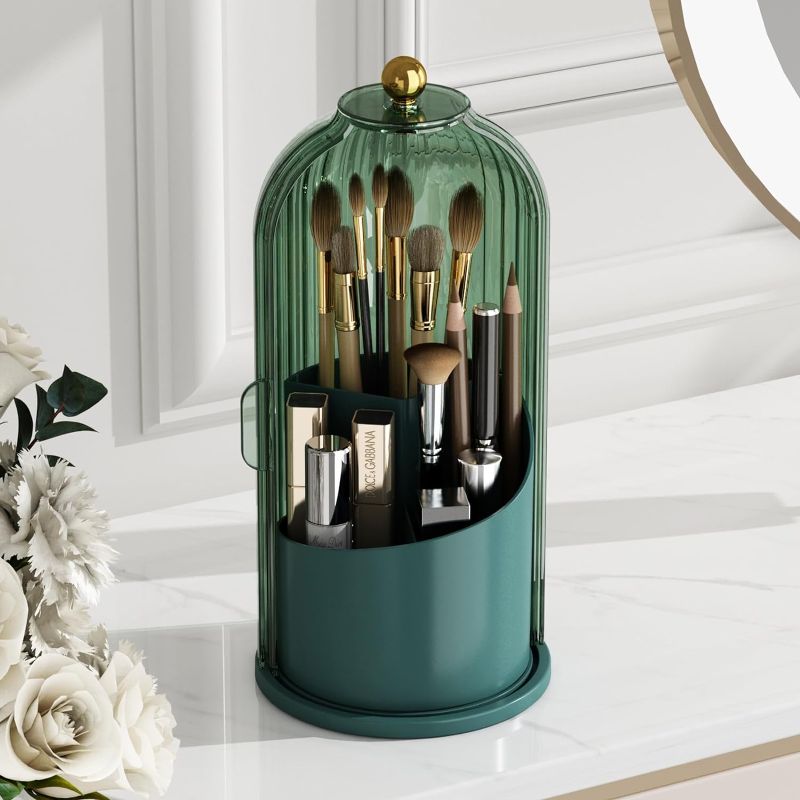 Photo 1 of GAXmi Makeup Brush Holder with Lid Cosmetic Tools Organizer 360 Rotating Waterproof Dustproof Makeup Brushes Storage for Vanity, All Green