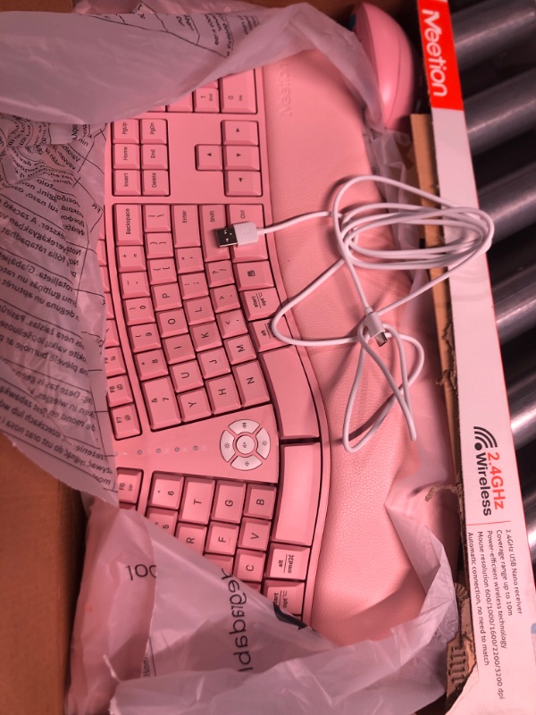 Photo 2 of MEETION Ergonomic Wireless Keyboard and Mouse, Ergo Keyboard with Vertical Mouse, Split Keyboard with Cushioned Wrist Palm Rest Natural Typing Rechargeable Full Size, Windows/Mac/Computer/Laptop, Pink Large Pink