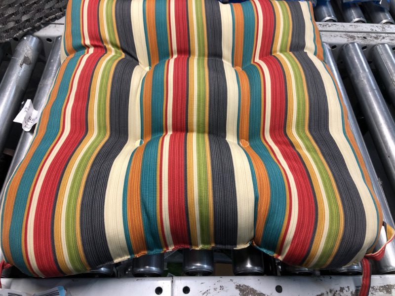 Photo 2 of (see all images) South Pine Porch Outdoor -Square Tufted Seat Cushion, Set of 1, Sunset Stripe