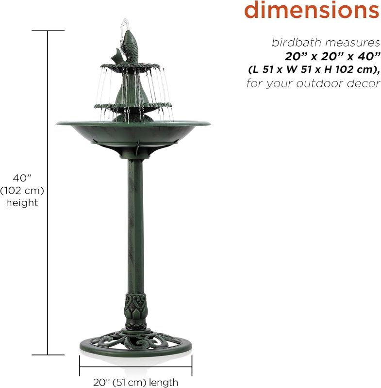 Photo 3 of (NON-REFUNDABLE) Alpine Corporation 3-Tiered Pedestal Water Bird Bath with Fish Design Floor Fountain, 40-Inch Tall, Green, TEC104 (PLASTIC) 