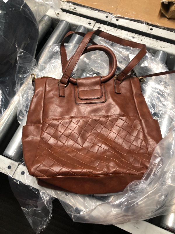 Photo 1 of ***USED - NO PACKAGING - SEE PICTURES***
Faux Leather Hand Bag, Brown, Textured, Roughly 12" x 12" x 1"