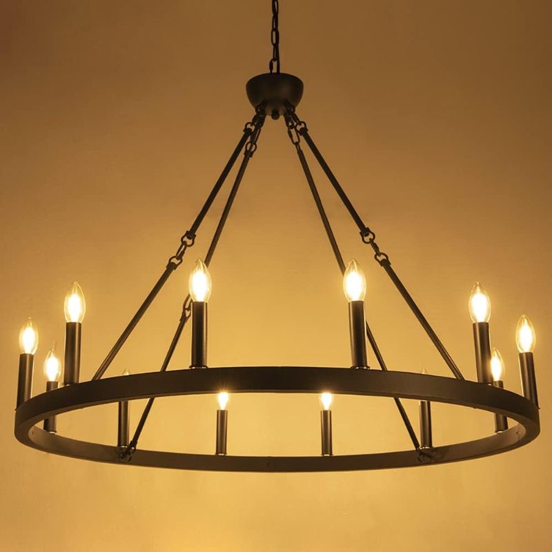 Photo 1 of (see all images) Wellmet 12-Light Black Wagon Wheel Chandelier Diam 38 inch, Farmhouse Industrial Country Style