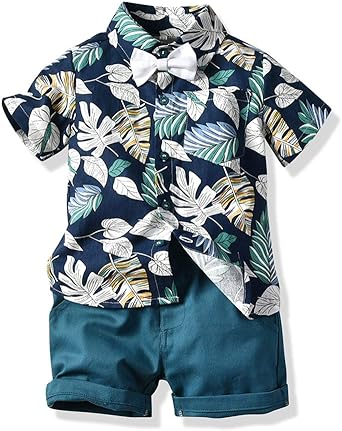 Photo 1 of JunNeng Toddler Baby Boy Shorts Sets Hawaiian Outfit, Infant Kid Leave Floral Short Sleeve Shirt Top+shorts Suits Dark Blue