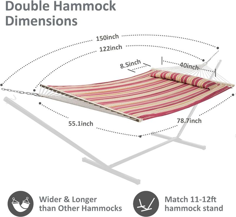 Photo 3 of (NON-REFUNDABLE) SUNCREAT Double Hammock Quilted Fabric Swing with Spreader Bar, Detachable Pillow, 55” x79” Large Hammock, Red Stripes