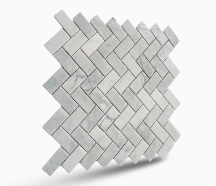 Photo 1 of (COUNT-1)Carrara White Marble Mosaic Tile, Herringbone, CWMM1CRO Size: 12"X12"X3/8" Polished
