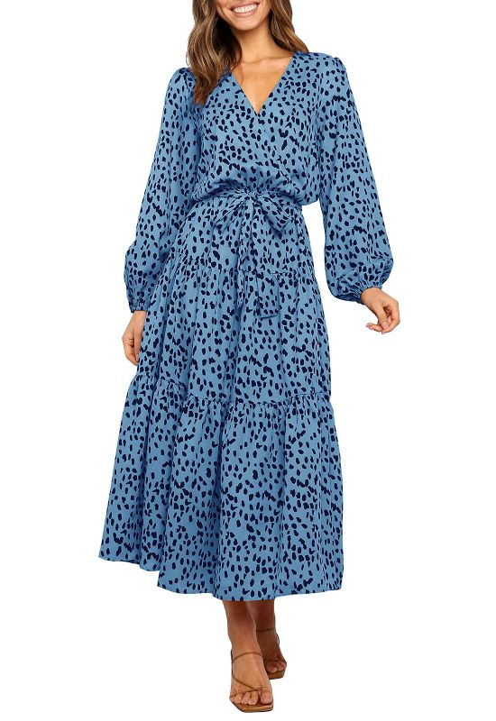 Photo 1 of MITILLY Women's Boho Leopard Print Ruffle Long Sleeve V Neck Casual Flowy Party Maxi Dress Medium A: Blue