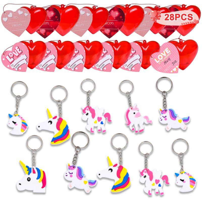 Photo 1 of 28PCS Valentines Day Cards for Kids Classroom, Unicorn Keychains 