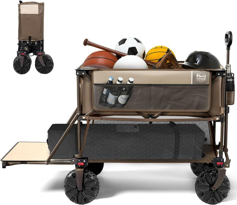 Photo 1 of (NON-REFUNDABLE) TIMBER RIDGE 400L Large Capacity Folding Double Decker Wagon, 54" Extra Long Extender Wagon Cart, 450lbs Heavy Duty Collapsible Wagon, All-Terrain Big Wheels for Camping, Sports, Shopping, Brown
