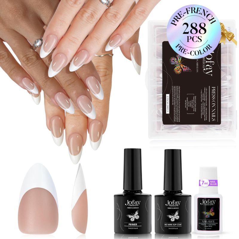 Photo 1 of French Tip Press On Nails Kit, Jofay Fashion x Coat Gel Nail Tips Kit, 288Pcs Brown Medium - Nude Medium Almond