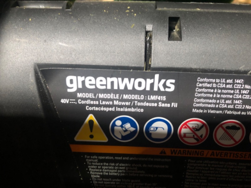 Photo 8 of ***WON'T STAY ON - SEE COMMENTS***
Greenworks 40V 21" Brushless Cordless (Smart Pace / Self-Propelled) Lawn Mower (75+ Compatible Tools), (2) 4.0Ah Batteries and Charger Included
