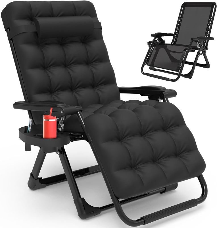 Photo 1 of **STOCK PHOTO FOR REFERENCE ONLY**NO CUP HOLDER OR TRAY**Slendor Zero Gravity Chair Lounge Chair Recliner Removable Cushion, Reclining Camping Chair Folding Reclining Patio Chairs for Indoor Outdoor, Black 26 INCH BLACK
