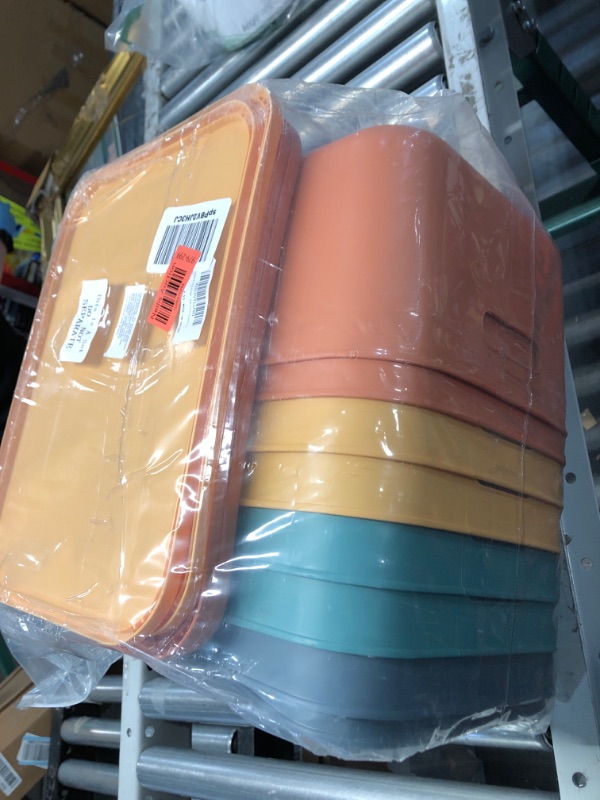 Photo 1 of Tanlade 8 Pcs Plastic Storage Bins Stackable Baskets with Lid and Handle Colorful Desktop Storage Box Cubby Containers for Shelf Bedroom Office, Include 1 Erasable Marker, 16 Stickers (14 x 10 x 6 In)