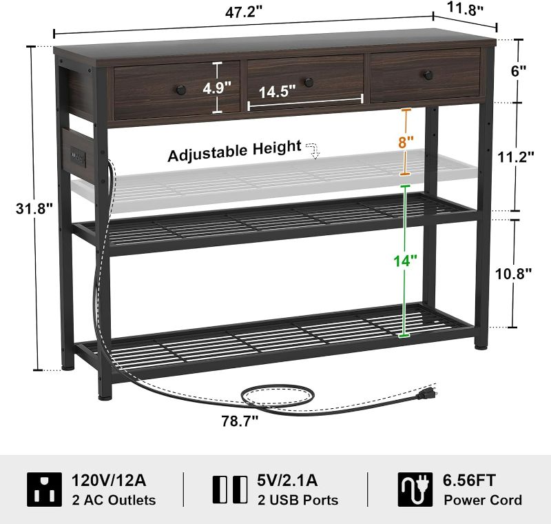 Photo 3 of (NON-REFUNDABLE) Ecoprsio 47'' Entryway Table with Outlets and USB Ports, Console Table with 3 Drawers, Sofa Table Narrow Long with Storage Shelves for Living Room, Couch, Hallway, Foyer, Kitchen Counter, Black Black 47-In