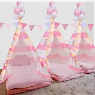 Photo 1 of Berlune 3 Set Teepee Tents for Kids Cotton Canvas Play Tents with 10ft LED String Lights Indoor Outdoor Teepee Play Tents Foldable Kids Tipi Tents for Girls Boys (Pink,Ridge)