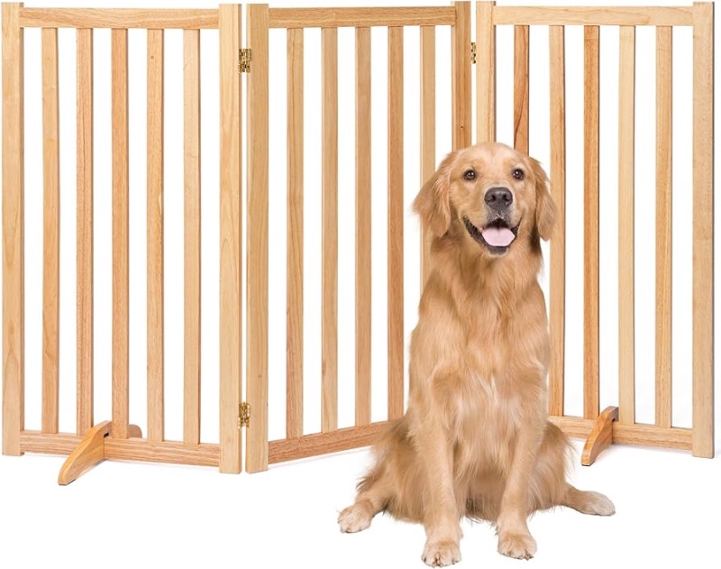 Photo 1 of  AXEMAN
36" Height Extra Tall Freestanding Pet Gate, Solid Wood Folding Safety Fence Wooden Dog Gate with 2PCS Support Feet Ideal for Stairs, Doorways, Halls, Kitchens, Heavy Duty Gates, 3 Panels, Oak