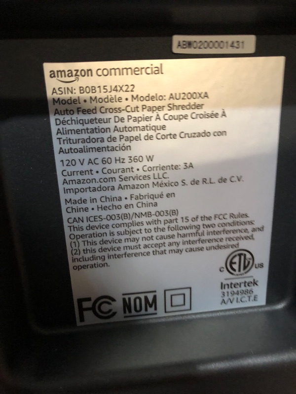 Photo 5 of AmazonCommercial 200-Sheet Auto Feed Cross-Cut Paper Shredder with Pullout Basket 200 Sheet New